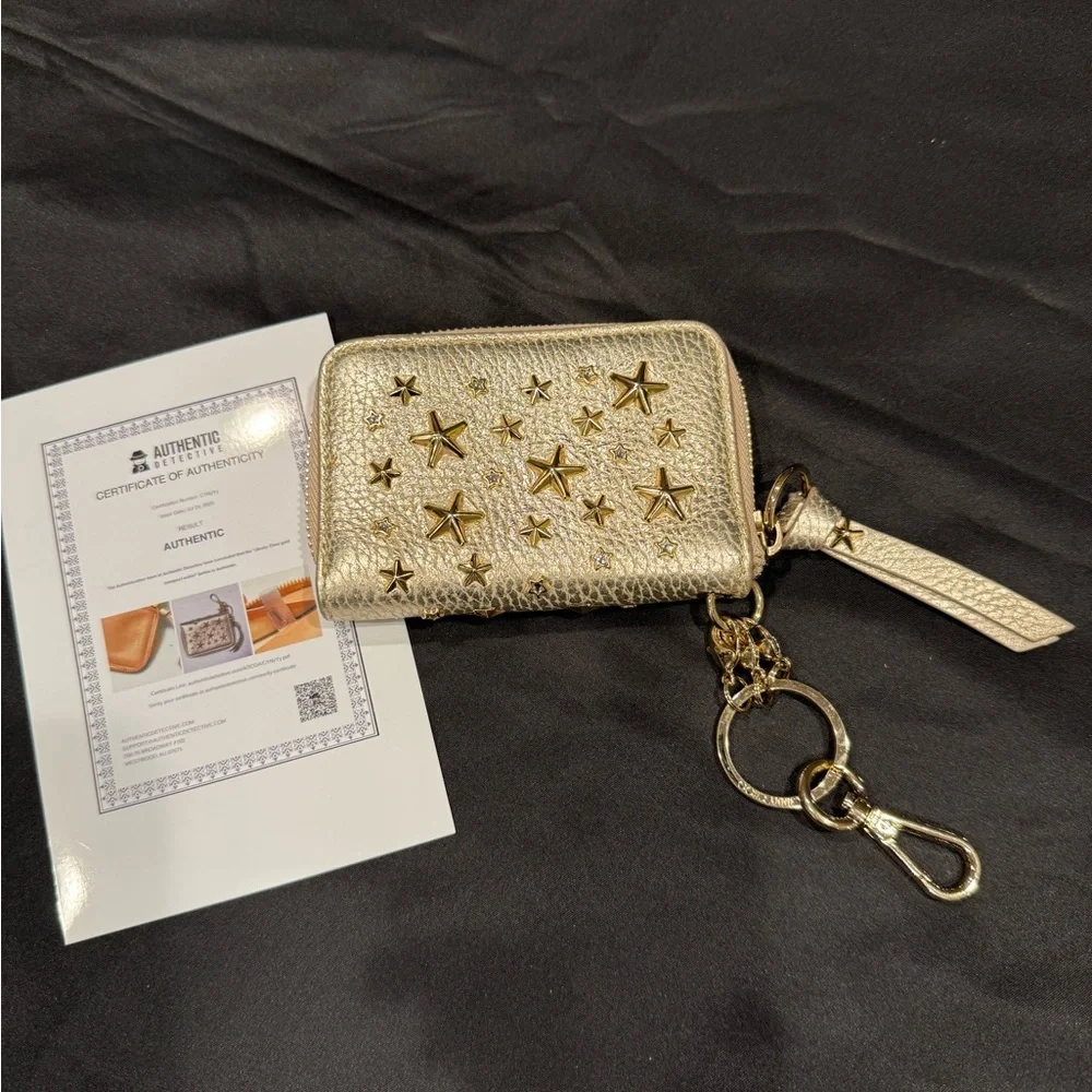 Jimmy Choo Gold Metallic Star Studded Key Holder Wallet with COA